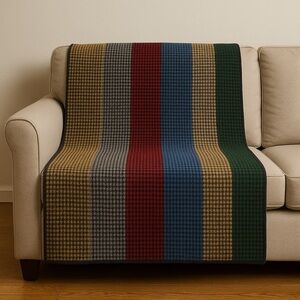 VTG Malone Mills PolarFleece Throw Blanket Dakotah USA Houndstooth Stripe 50x60